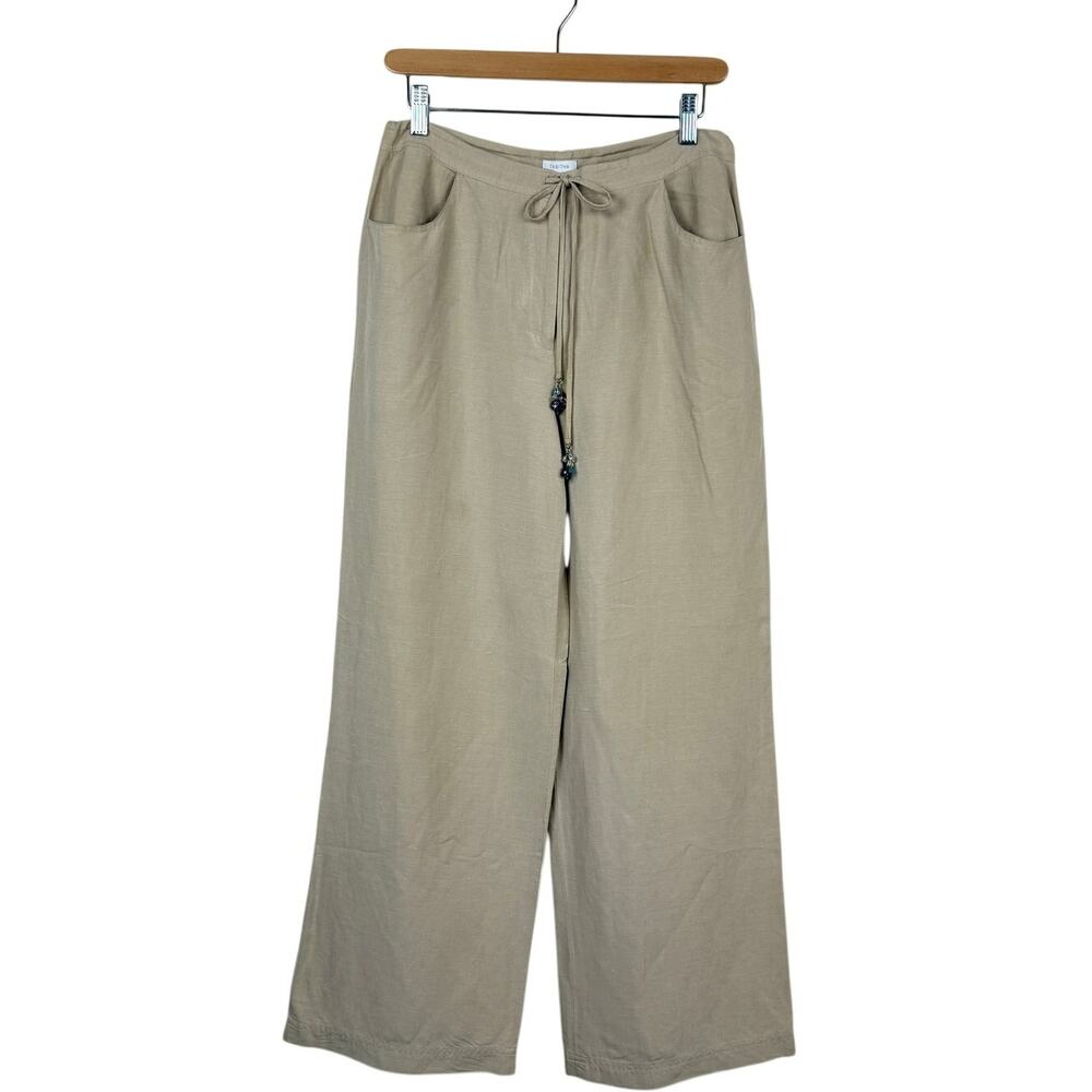 Liz Claiborne Tabitha Silk Linen Wide Leg Pants Size 8 Beige Tan Drawstring